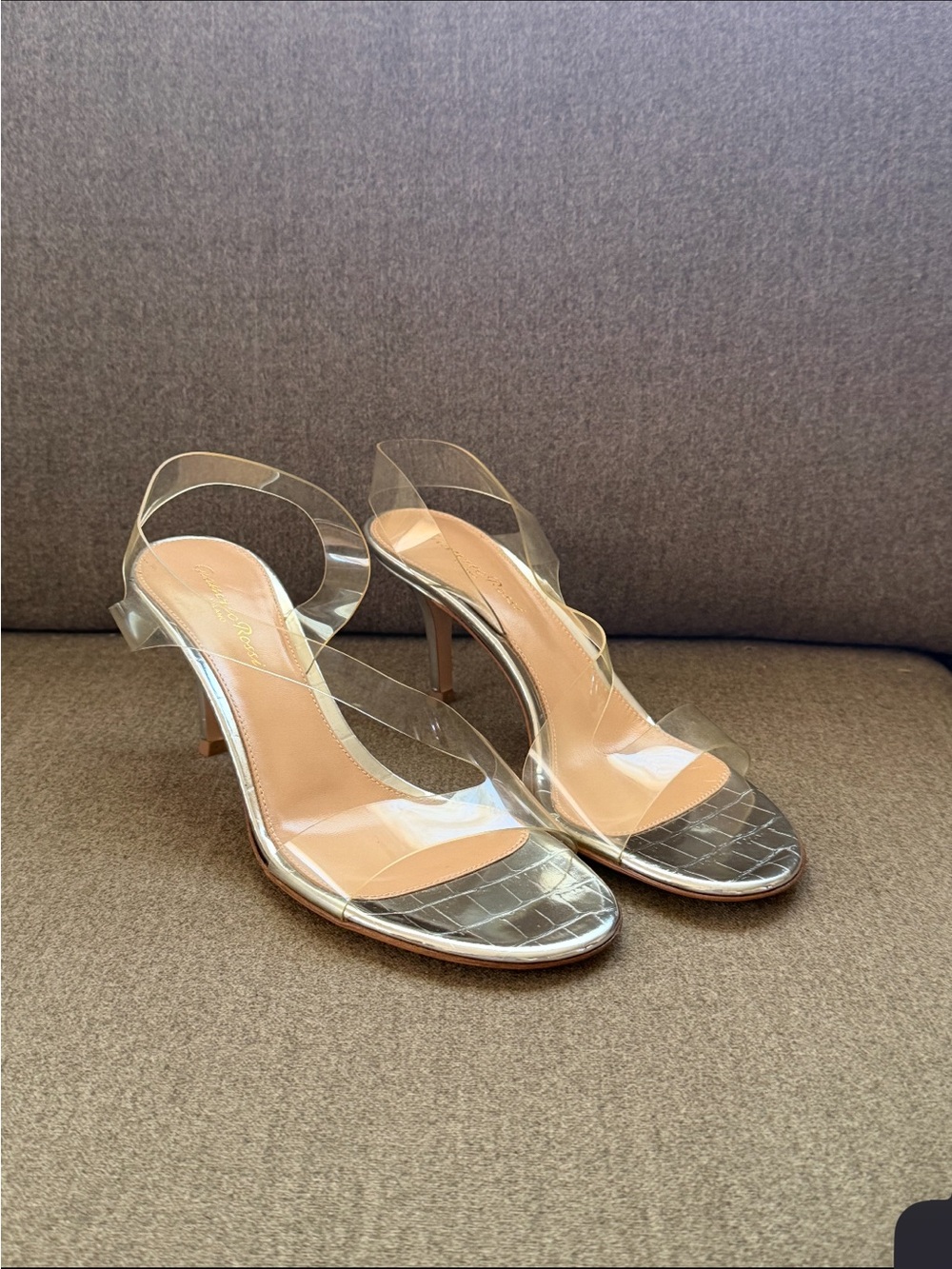 Gianvito Rossi Clear PVC Slingback Heels with Metallic Croc Silver Toe